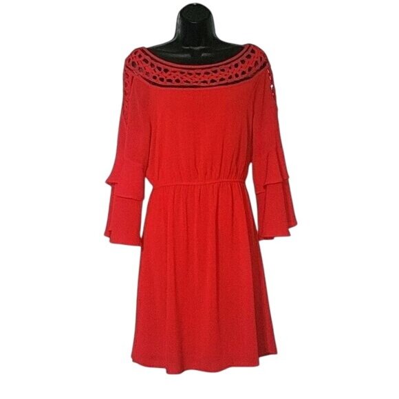 Crochet Neck Red Dress With Ruffled Sleeves By Skies Are Blue Size 8 Elegant & F - Picture 1 of 6